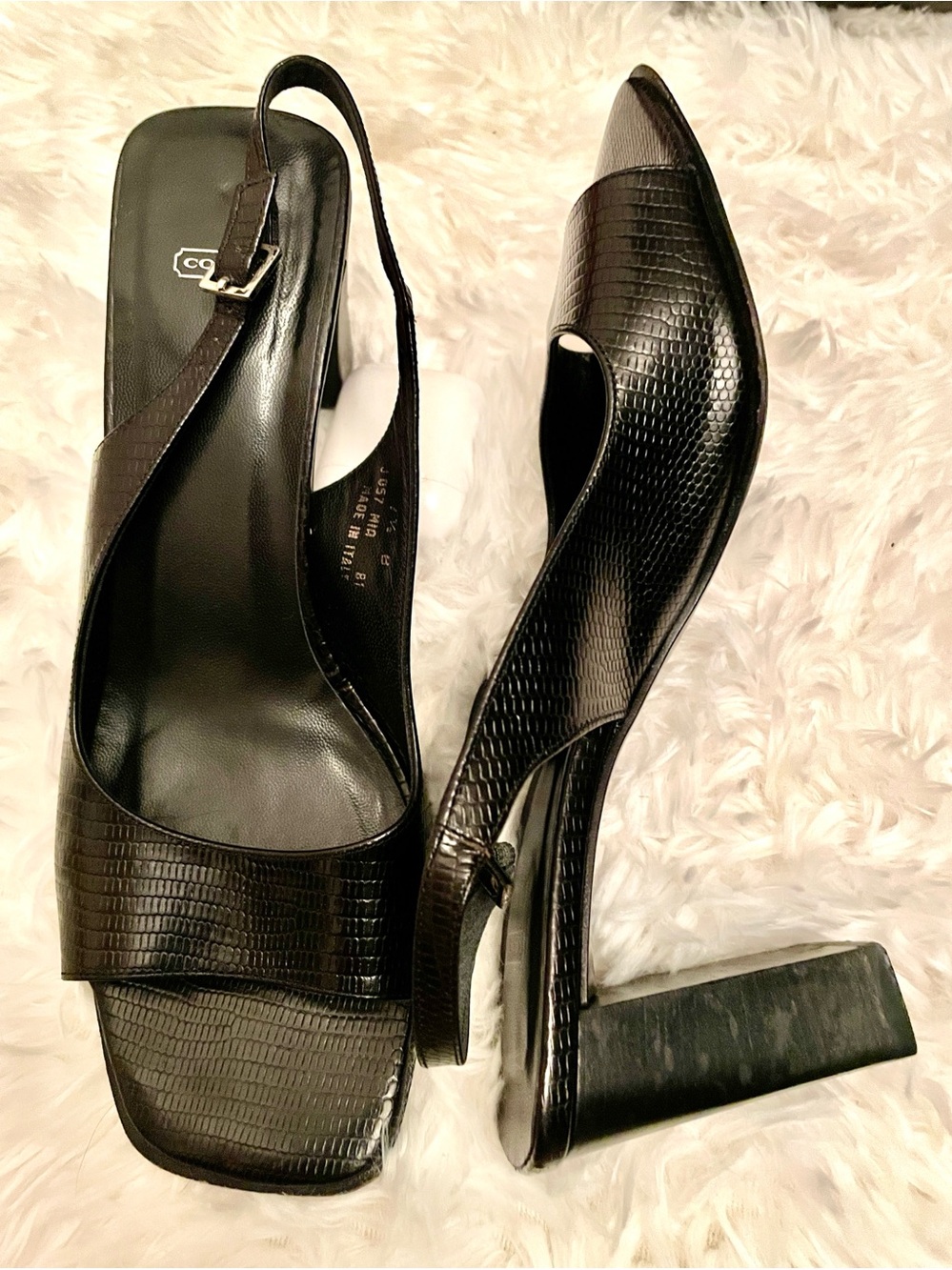 Coach Italy J057 Mid Black Lizard Embossed Leather Slingback Heels Size 7.5B
